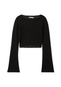 Maglione nero corto con maniche lunghe svasate, caratterizzato da un tessuto texture e un colletto rotondo. L'orlo è tagliato dritto.