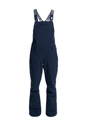 Marineblaue Skioveralls mit verstellbaren Trägern, einer Fronttasche und seitlichen Reißverschlüssen, gefertigt aus robustem Stoff für Outdoor-Aktivitäten.