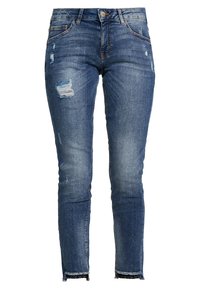 Jeans skinny in denim blu scuro, con un design strappato e orlo sfilacciato alle caviglie. Stile a cinque tasche.