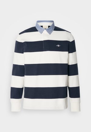 Long-sleeve polo shirt featuring navy and white horizontal stripes, with a blue denim-like collar and a small logo on the chest.