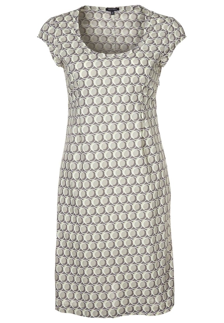Ärmelloses Kleid aus hellgrauem Stoff mit einem kreisförmigen Muster in dunklerem Grau und Beige. Es hat einen runden Halsausschnitt und eine fließende Silhouette.