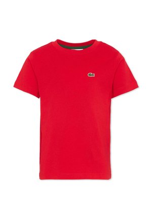 Rood T-shirt met korte mouwen en ronde hals, met een klein groen krokodillenlogo op de linkerborst.
