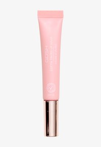 Baume à lèvres dans un tube rose avec une base rose m�étallique, étiqueté "GOSH SOFT'N TINTED LIP BALM", comprend des symboles d'SPF15 et de certification d'allergie.