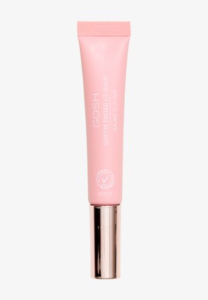Læbebalsam i et pink rør med en metallisk pink bund, mærket "GOSH SOFT'N TINTED LIP BALM," inklusive SPF15 og allergi certificeringssymboler.