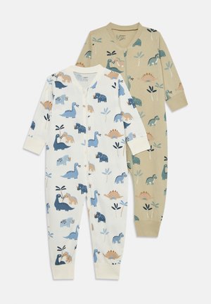 Zwei Babystrampler: einer weiß mit bunten Dinosauriermustern, der andere hellbeige mit grünen und blauen Dinosauriern sowie Pflanzenmotiven.