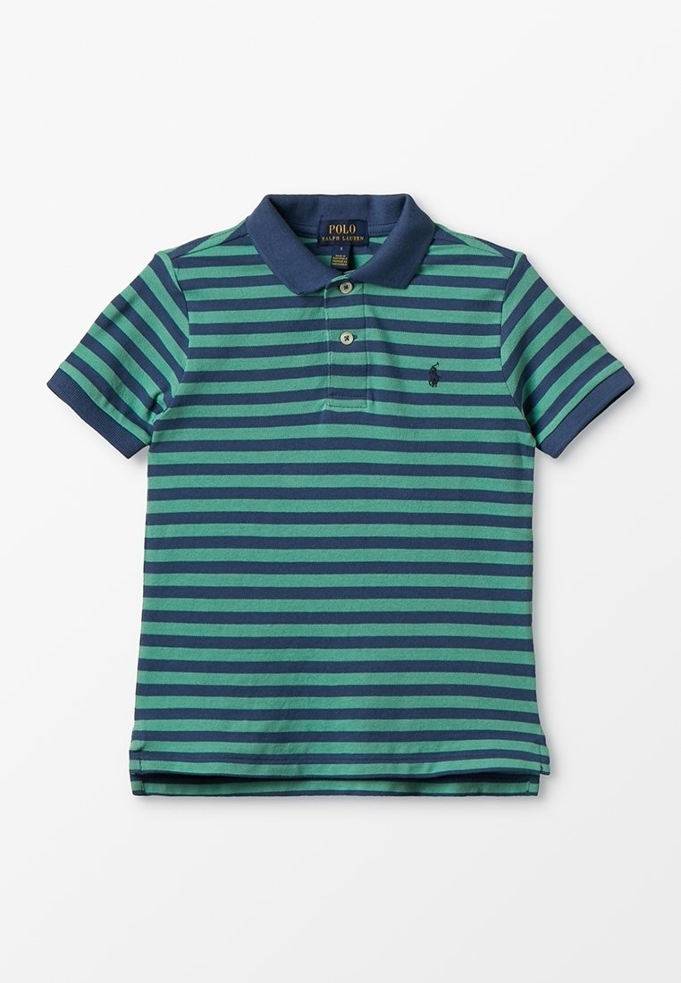 Pikétröja med gröna och marinblå horisontella ränder, marinblå krage, två knappslå och en liten broderad logotyp på bröstet.