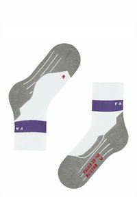 Baumwollmischung Crew-Socken mit einem grau-weißen Farbschema, lila Streifen und rotem Schriftzug für Größe und Marke an der Unterseite.