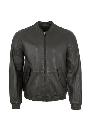 Schwarze Leder-Bomberjacke mit Frontreißverschluss, geripptem Kragen und elastischen Bündchen. Verfügt über zwei Fronttaschen mit schrägen Klappen. Glatte Textur.
