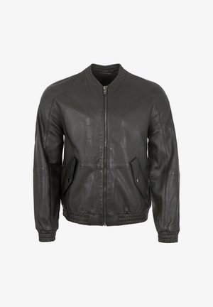 Schwarze Leder-Bomberjacke mit Frontreißverschluss, geripptem Kragen und elastischen Bündchen. Verfügt über zwei Fronttaschen mit schrägen Klappen. Glatte Textur.