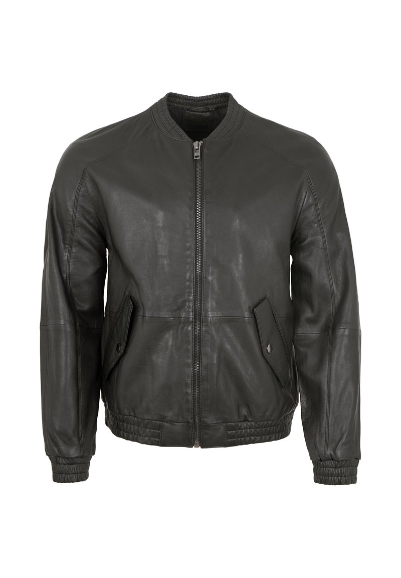 Schwarze Leder-Bomberjacke mit Frontreißverschluss, geripptem Kragen und elastischen Bündchen. Verfügt über zwei Fronttaschen mit schrägen Klappen. Glatte Textur.