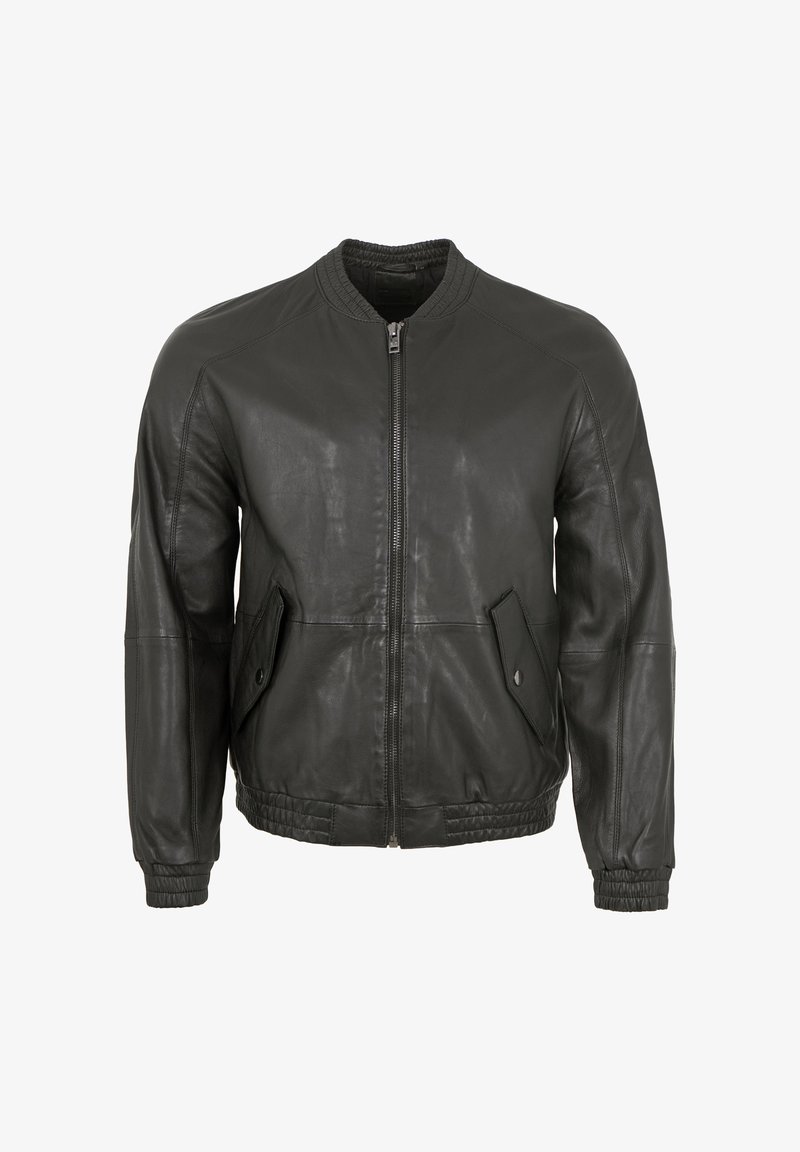 Schwarze Leder-Bomberjacke mit Frontreißverschluss, geripptem Kragen und elastischen Bündchen. Verfügt über zwei Fronttaschen mit schrägen Klappen. Glatte Textur.