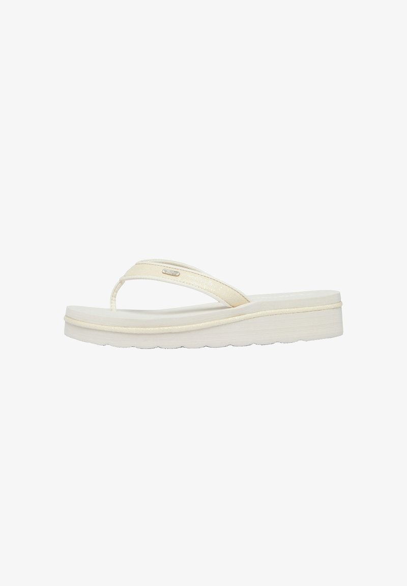 Sandalo infradito platform beige con suola spessa e cinturino semplice a forma di Y su sfondo bianco.