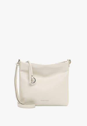 Väike beež nahast õlakott hõbedase rõngasdetaili ja reguleeritava rihmaga, brändinimi "SURI FREY" on esiküljel reljeefne.