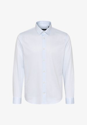 Jasnoniebieska, w paski, koszula z długim rękawem wykonana z bawełny, z kołnierzykiem zapinanym na guziki i białymi guzikami, z kontrastującymi niebieskimi paskami na mankietach.