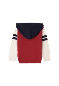 Felpa rossa con cappuccio blu navy, maniche bianche con strisce blu navy. Tessuto a maglia, polsini e vita a coste, design casual.