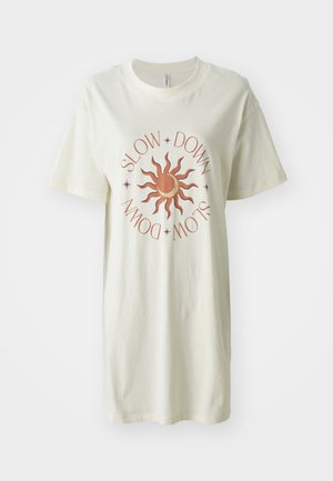 Cream-colored cotton t-shirt with short sleeves, featuring a sun graphic and the text "SLOW DOWN" in orange and dark red lettering.