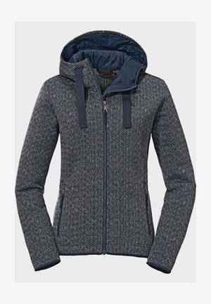 Strukturiere graue und marineblaue Jacke mit einem Reißverschluss, Kapuze und seitlichen Taschen. Sie hat ein gemustertes Äußeres und ein glattes Innenfutter.