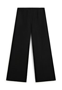 Černé široké kalhoty s hladkou texturou, rovný lem a diskrétní boční zip pro zapínání. Jednoduchý a klasický design.