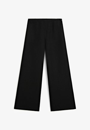 Black wide-leg trousers with a smooth texture, straight-cut hem, and a discreet side zipper for closure. Simple and classic design.