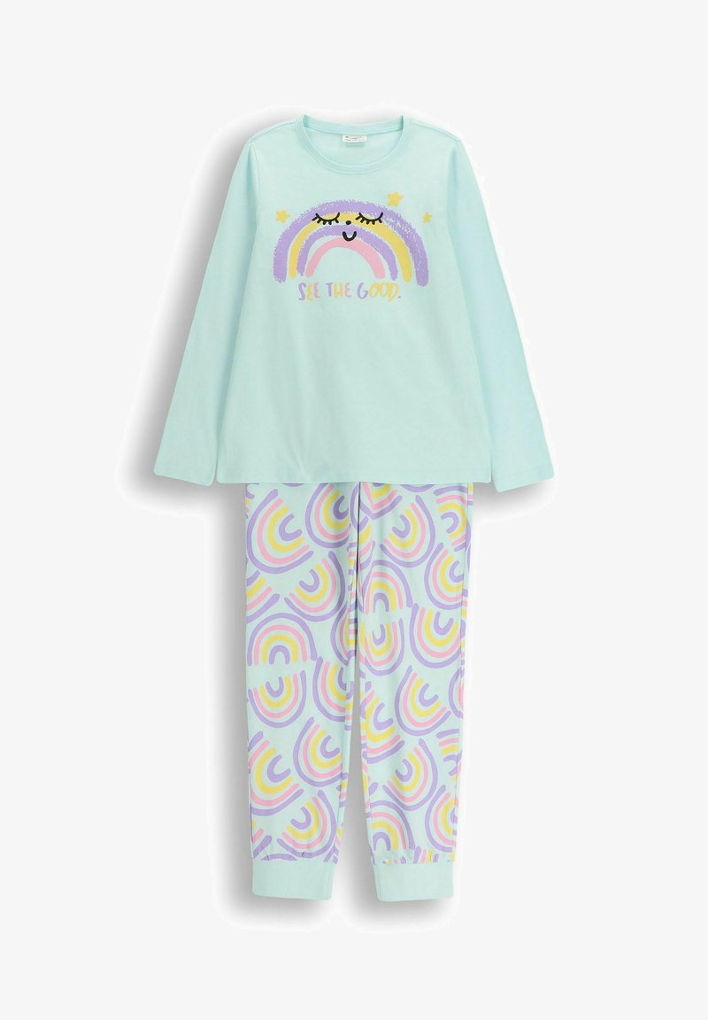 Jasnoniebieski zestaw piżamowy z długim rękawem, z uśmiechniętą tęczą i napisem "Zobacz dobro" na górze, oraz spodniami w tęczowy wzór w kolorze fioletowym, żółtym i różowym.