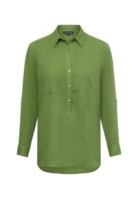 Camicia verde a maniche lunghe con colletto, chiusura a bottoni, due tasche sul petto e opzione per arrotolare le maniche, realizzata in tessuto testurizzato.