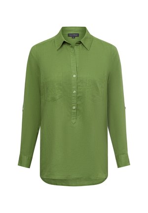 Camicia verde a maniche lunghe con colletto, chiusura a bottoni, due tasche sul petto e opzione per arrotolare le maniche, realizzata in tessuto testurizzato.