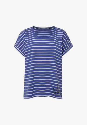 T-shirt a righe blu e bianche, maniche corte, scollatura rotonda, con dettagli testuali neri sulla parte anteriore inferiore. Tessuto morbido e leggero.