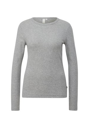 Chemise grise à manches longues en tissu texturé avec un col rond. Design simple sans motifs ni éléments matériels notables.