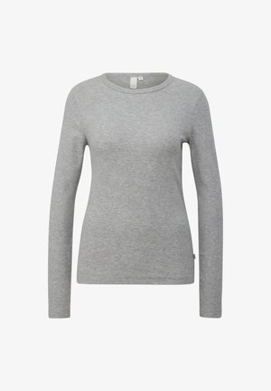 Graues Langarmshirt aus strukturiertem Stoff mit rundem Halsausschnitt. Schlichtes Design ohne Muster oder auffällige Hardware.