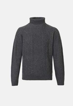 Suéter de punto gris oscuro con un alto cuello de tortuga acanalado. Presenta un patrón de diamantes texturizado y puños y dobladillo acanalados.