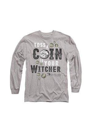 Gray long-sleeve t-shirt featuring bold black and white text: "TOSS A COIN TO YOUR WITCHER," with circular coin designs and logo accents.