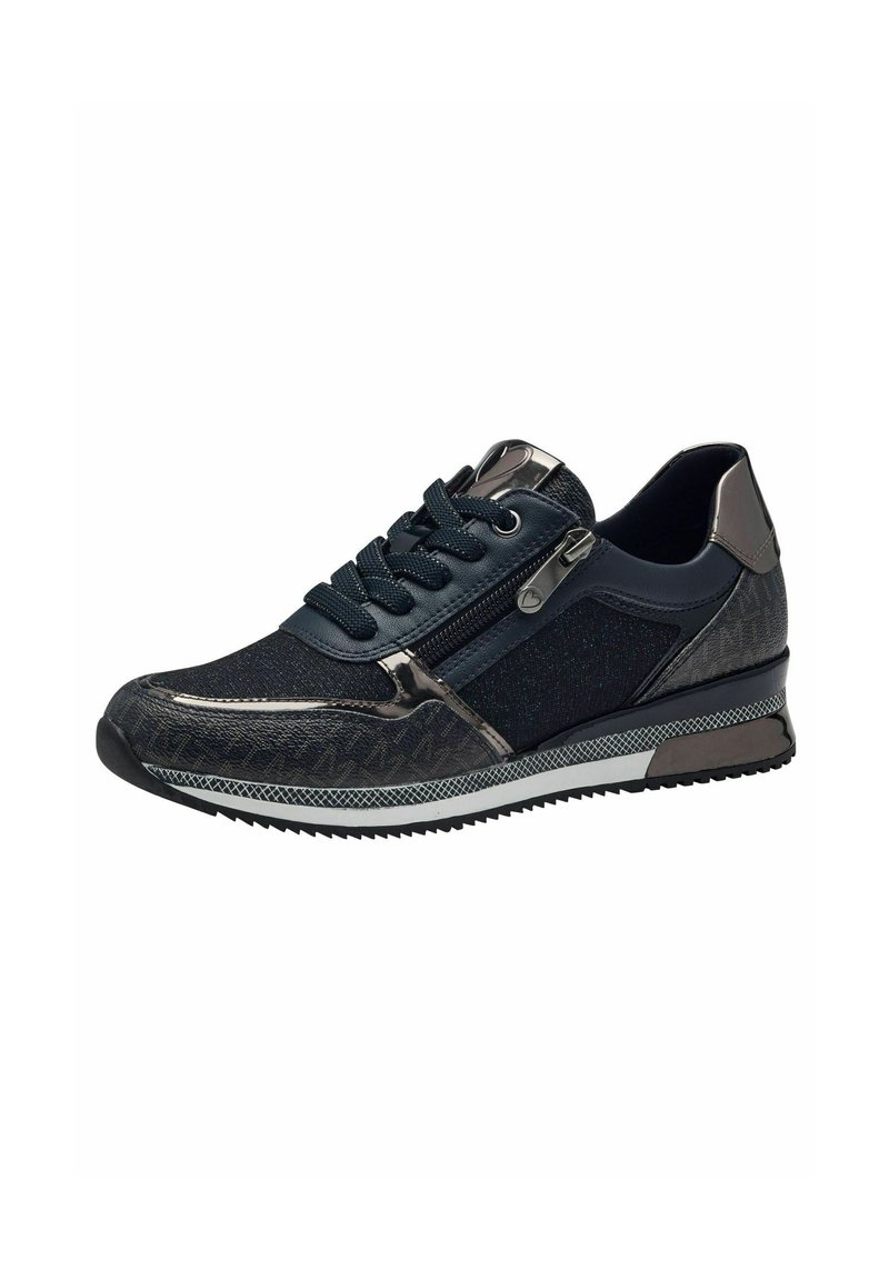 Dunkelblaue Sportschuh mit strukturiertem Stoff, metallischen Akzenten und einem seitlichen Reißverschluss. Verfügt über eine weiße Zwischensohle und eine Gummisohle für besseren Halt.