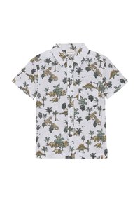 Kortemouwhemd van witte stof, met een print van een dinosaurus en jungle in groen, goud en zwart, voorzien van een button-down kraag en een borstzak.