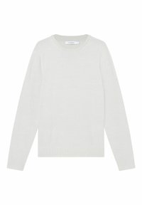 Pull en maille gris clair avec un col rond, des manches longues, des poignets et un ourlet côtelés. Texture lisse, design minimaliste.