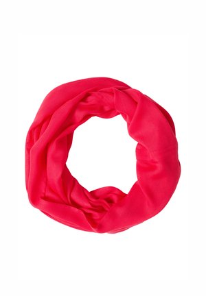 Sciarpa infinita leggera in tessuto rosso brillante disposta in un anello circolare morbido su sfondo bianco.