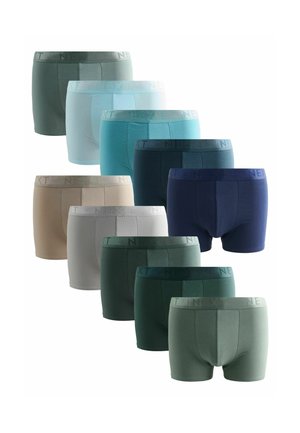 Zehn Paare Herren-Boxershorts in verschiedenen Grüntönen, Blau, Beige und Grau. Jede hat einen elastischen Bund mit "NEXT"-Branding.