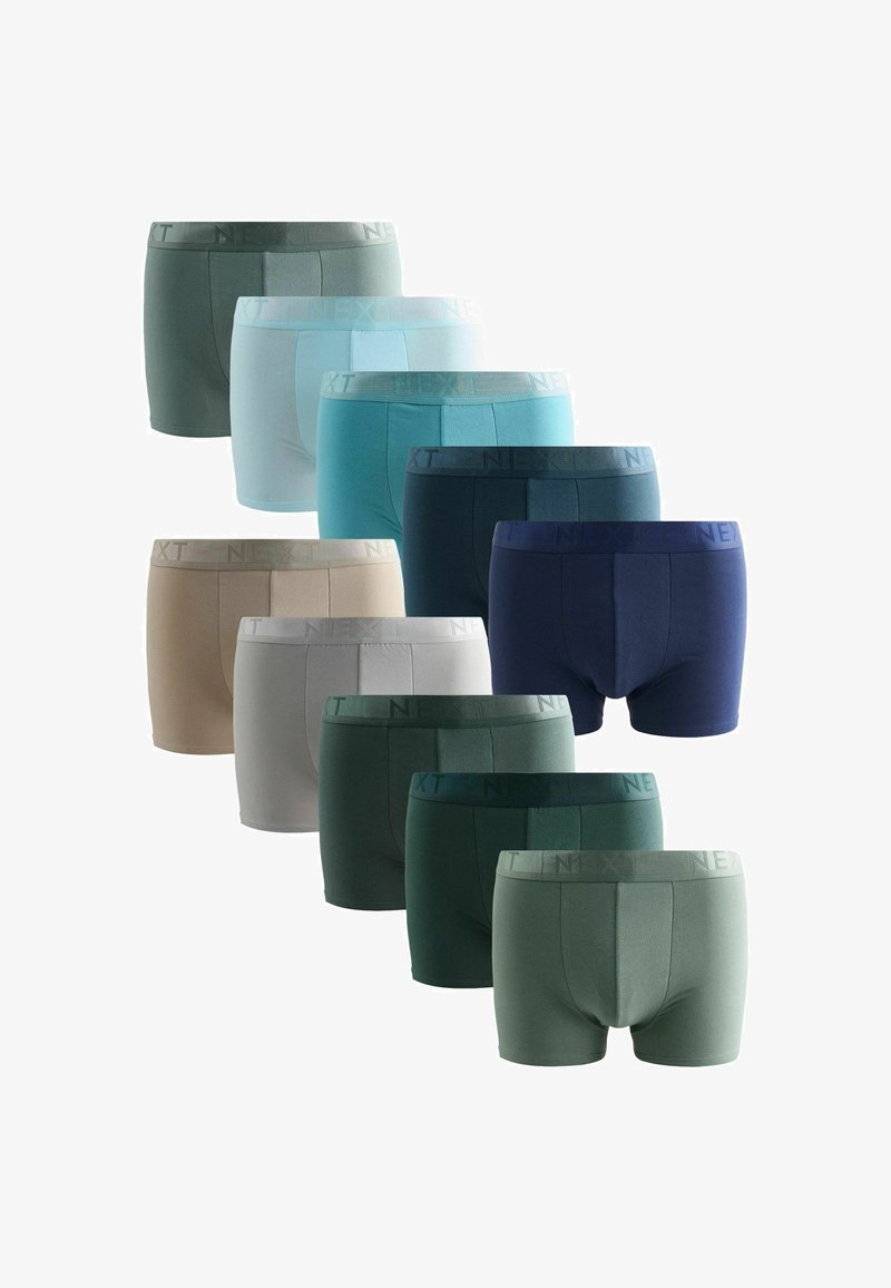 Dieci paia di boxer da uomo in diverse tonalità di verde, blu, beige e grigio. Ognuno presenta un elastico in vita con il marchio "NEXT".