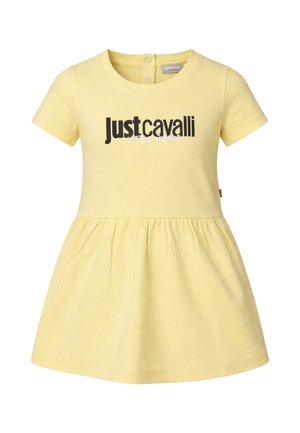 Vestito giallo a maniche corte per bambina piccola, con gonna arricciata e logo nero "Just Cavalli" sul davanti, bottoni a pressione sul dietro del collo.