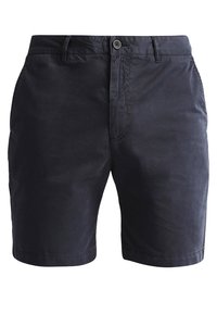 Navy cotton shorts with a flat front, belt loops, button closure, and side pockets. Smooth texture and classic cut with hemmed legs.