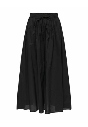 Jupe longue noire avec taille élastique froncée et cordon de serrage, silhouette fluide en ligne A, tissu léger.