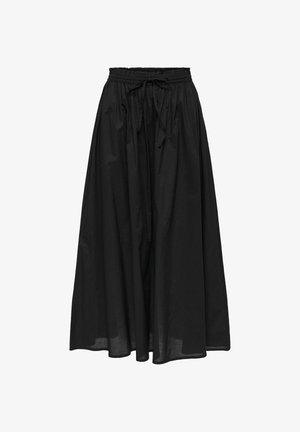 Jupe longue noire avec taille élastique froncée et cordon de serrage, silhouette fluide en ligne A, tissu léger.