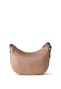 Borsa a tracolla in pelle marrone con texture, dalla forma arrotondata, caratterizzata da una singola tracolla e una chiusura con cerniera arricchita da dettagli in metallo color oro.