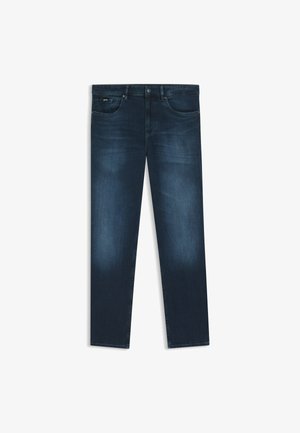 Dunkelblaue Denim-Jeans mit geradem Schnitt, ausgestattet mit Fronttaschen und einem Knopfverschluss. Glatte Textur mit leichtem Verblassen.