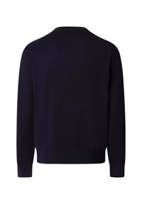 Marineblauwe gebreide trui met een ronde hals, lange mouwen en geribbelde boorden en zoom. Gladde textuur met een strak, minimalistisch ontwerp.