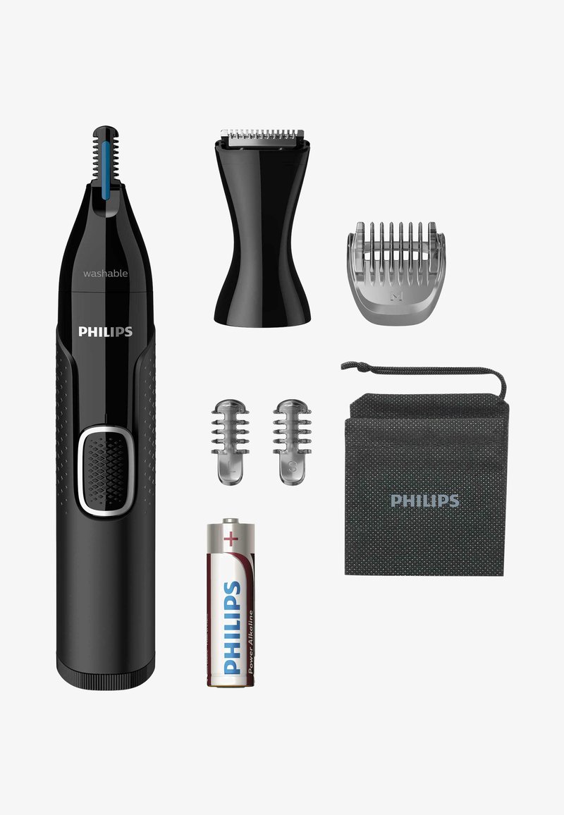 Zwarte Philips neus- en oortrimmer, inclusief een oplaadbare batterij, twee kambevestigingen, een wasbaar lichaam en een grijze opbergtas.