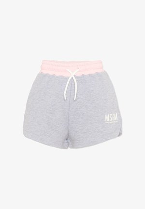 Shorts décontractés gris clair avec ceinture élastique rose, cordon blanc et logo blanc "MSGM" sur le côté gauche.