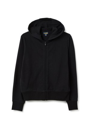 Felpa nera con zip realizzata in tessuto morbido, dotata di cappuccio con coulisse, polsini e orlo a coste, senza motivi o grafiche visibili.