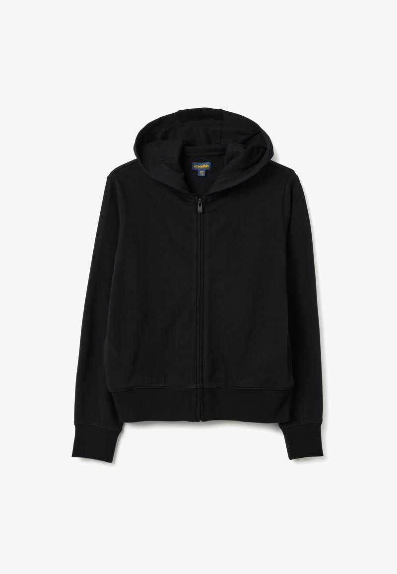 Chaqueta con cremallera negra hecha de un tejido suave, con capucha ajustable, puños y dobladillo acanalados, y sin patrones ni gráficos visibles.