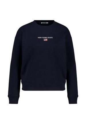 Felpa blu navy realizzata in misto cotone, con maniche lunghe, polsini a costine e una grafica con la scritta "NEW YORK STATE" accompagnata da una piccola bandiera.