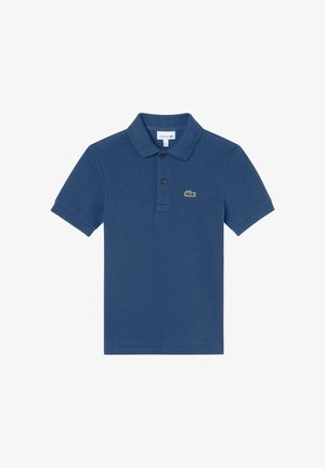 Marineblauw poloshirt van gestructureerde katoen met een drieknoopsbies en een klein groen krokodillenlogo op de linkerborst.